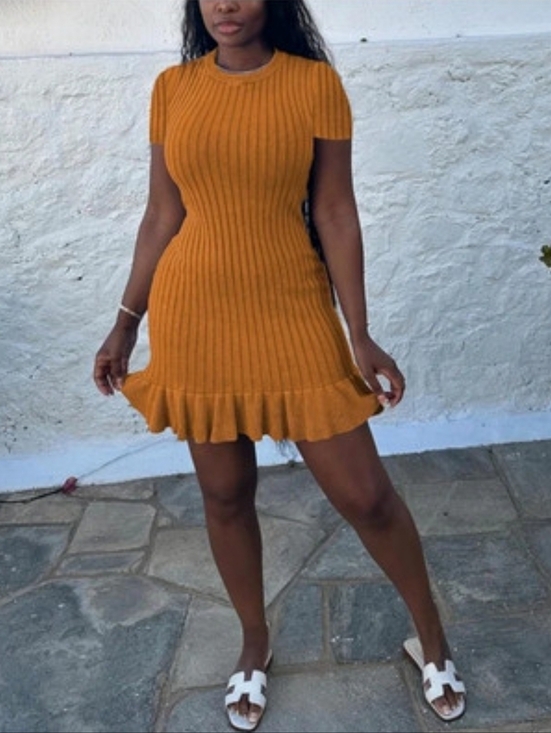 Dresses & Skirts - Ribbed Short Sleeve Ruffle Hem Dress - Mustard